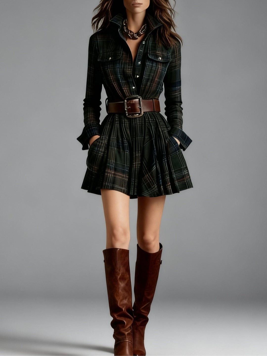 Cinnamon | Mini Vintage Dress in Red and Brown Checkered (with belt)